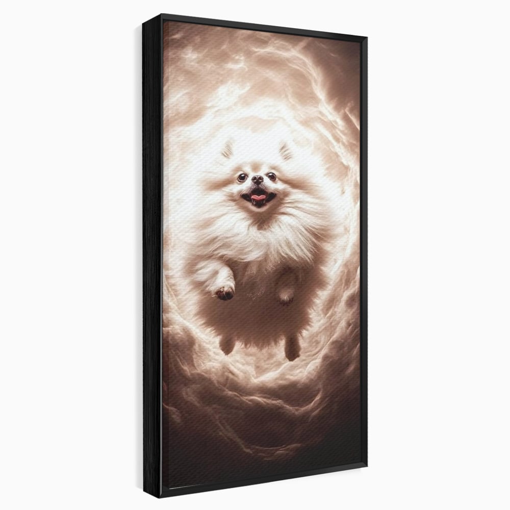 Tablou canvas cu tablou canvas cu caine pomeranian pufos, in rama de aluminiu negru